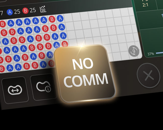 Close-up view of an online Andar Bahar game interface, featuring a betting grid with red and blue markings. A highlighted button in the center reads 'NO COMM' against a glowing background, indicating a feature in the game.
