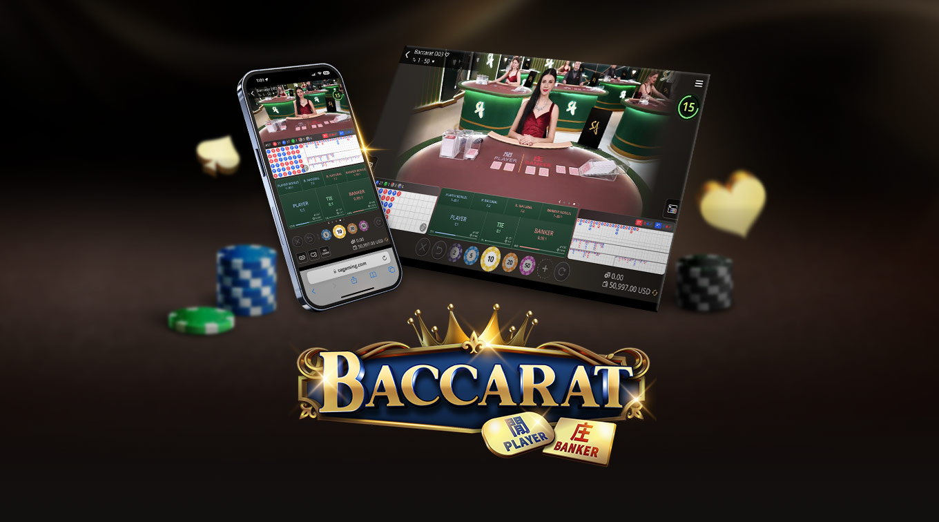 Visual showcasing an online Baccarat game interface, featuring a dealer and gaming tables, with a smartphone displaying the game. The word 'BACCARAT' is prominently featured at the bottom, along with 'PLAYER' and 'BANKER' labels.