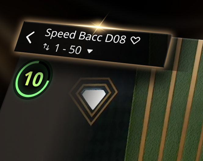 Close-up of an online Baccarat game interface displaying the table name 'Speed Bacc D08' and a betting range indicator showing '5 - 500' with arrow symbols.
