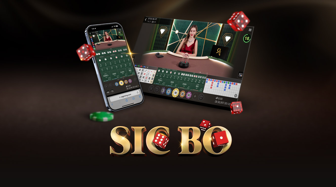 Image for an online Sic Bo game featuring a mobile interface on the left and a tablet interface on the right. The text 'SIC BO' is prominently displayed at the bottom, with colorful dice and betting options floating around.