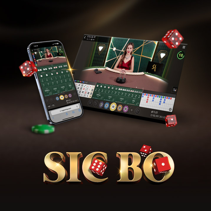Image for an online Sic Bo game featuring a mobile interface on the left and a tablet interface on the right. The text 'SIC BO' is prominently displayed at the bottom, with colorful dice and betting options floating around.