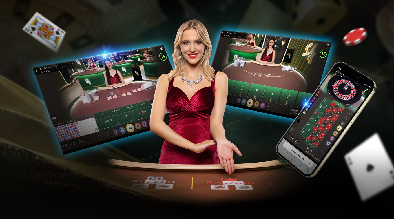 A graphic showcasing 'SA Gaming' with a woman in a red dress at the center. Surrounding her are two screens displaying online blackjack tables and a smartphone with game graphics. The background features a casino setting.