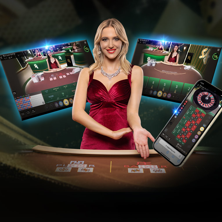 A graphic showcasing 'SA Gaming' with a woman in a red dress at the center. Surrounding her are two screens displaying online blackjack tables and a smartphone with game graphics. The background features a casino setting.